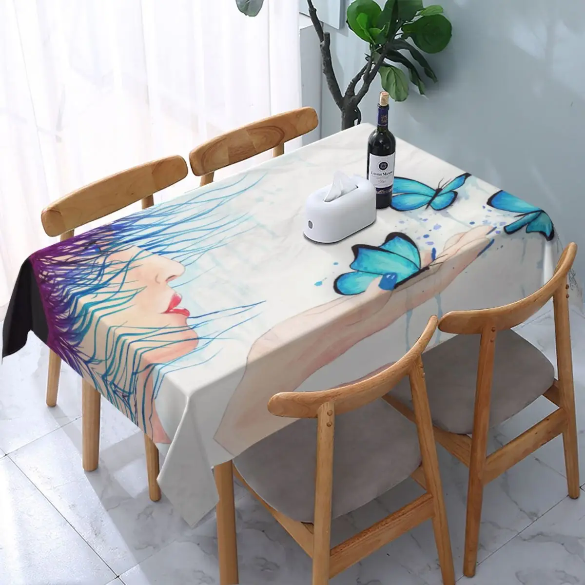 

Rectangular Fly Blue Butterflies Table Cloth Waterproof Tablecloth 40"-44" Table Cover Backed with Elastic Edge