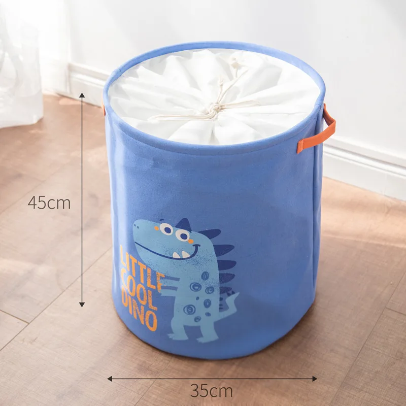 Cute Kid Cartoon Laundry Basket Foldable Organizer With Drawstring Handle Toy Collection Storage Box Dinosaur Design Canvas