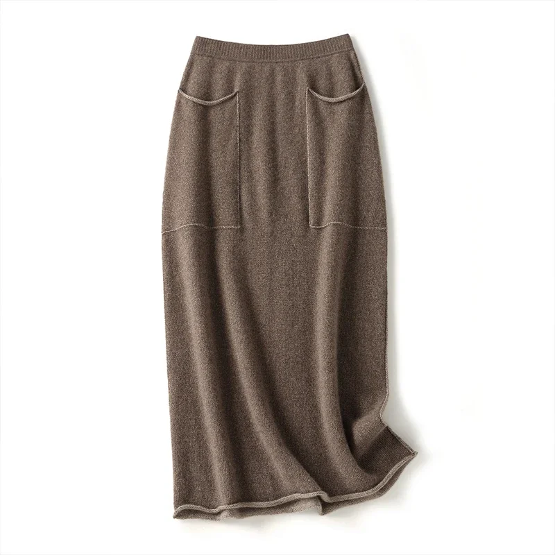 Sweater Skirt Women High Quality100% Cashmere Warm Winter Straight  Ankle-Length  Pockets  Long Skirts  Knitted Faldas Ajustadas