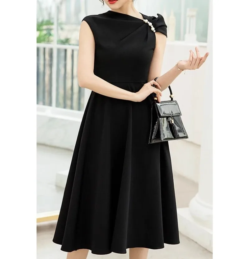 

Luxury Black Irregular Neck Dress Women Beading Sleeveless Summer Autumn Elegant Dresses Women Runway Design Vestido Party