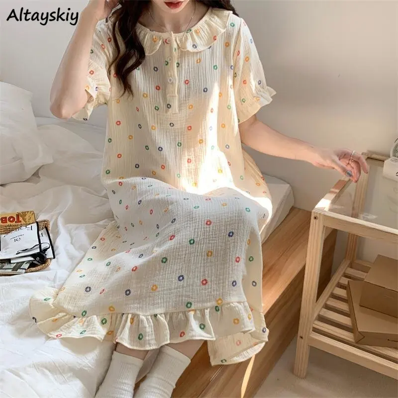 

Ruffles Nightgowns Women Print Loose Homewear Summer Students Lovely Japan Style All-match Ulzzang Harajuku Fashion Daily New