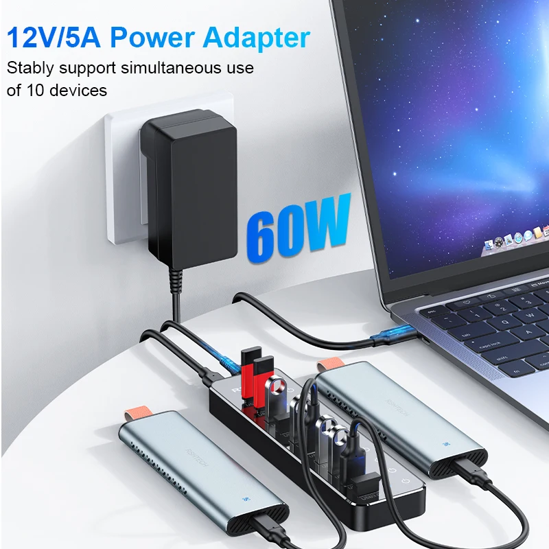 RSHTECH USB C Hub Splitter Individual Touch Switches with 10Gbps USB-A & 2 USB-C Data Ports 7 USB-A 3.0 Ports for Macbook Laptop 4