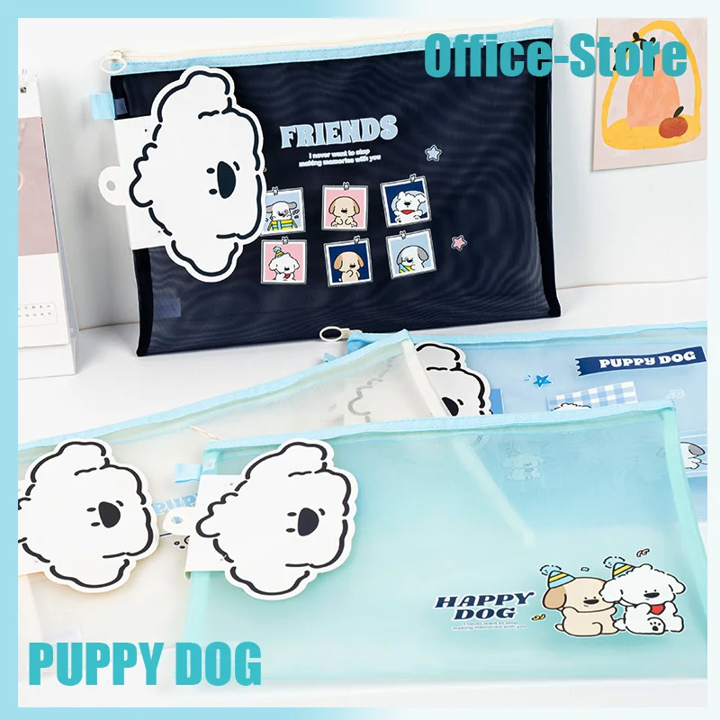 

16pcs Cartoon Puppy Dog Mesh Bags A4 Exam Paper Data Office File Storage Bags Pocket Folders Filing Products Office Stationary