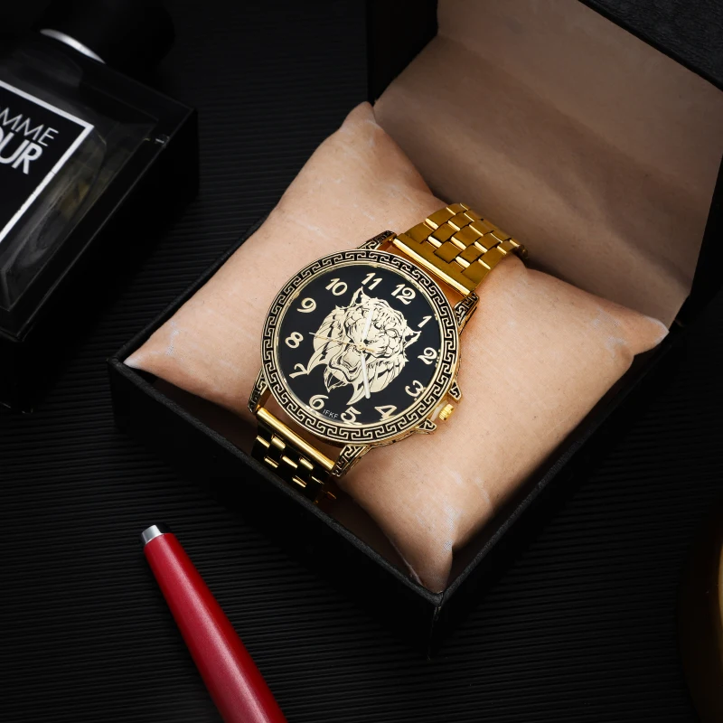 new Gold Skull Lion Tiger Men luxury business Military Quartz watch golden stainless steel band men watches male clock Relogio