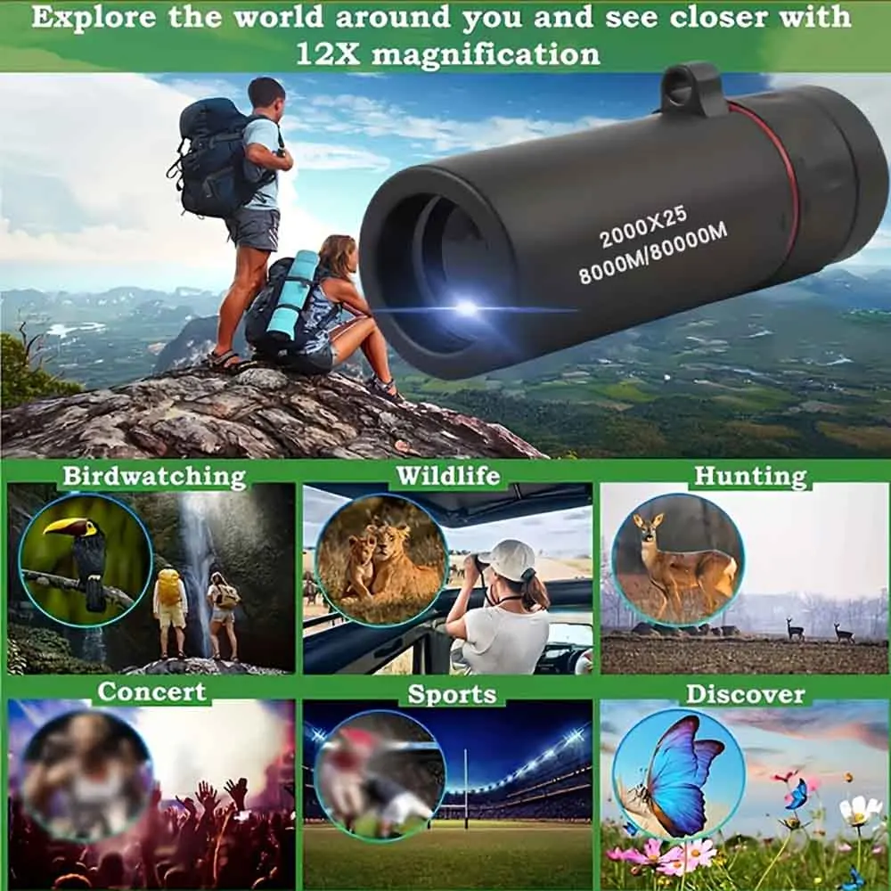 2000X25 HD Monocular Telescope Compact Portable For Travel Hiking Fishing Camping Stargazing Concerts Bird Watching Phone Holder