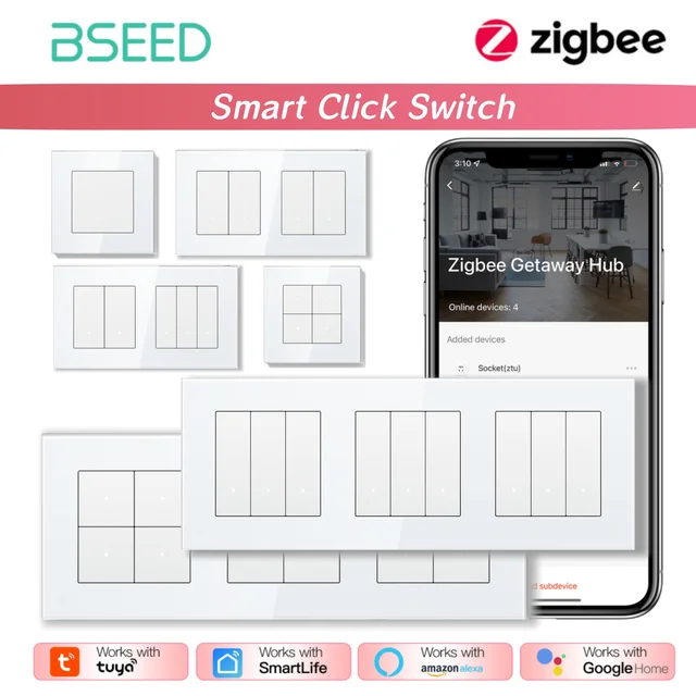 BSEED ZigBee Click Switches Series Wall Smart Click Light Switches Yellow Backlight Glass Frame Tuya APP Switch EU Standard