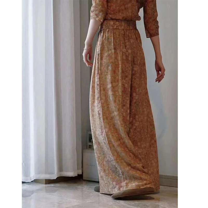 

Spanish Niche Cor @ New Silk Smooth and Smooth Silk Rhododendron Elastic Waist Wide Leg Pants Floor Slam Pants