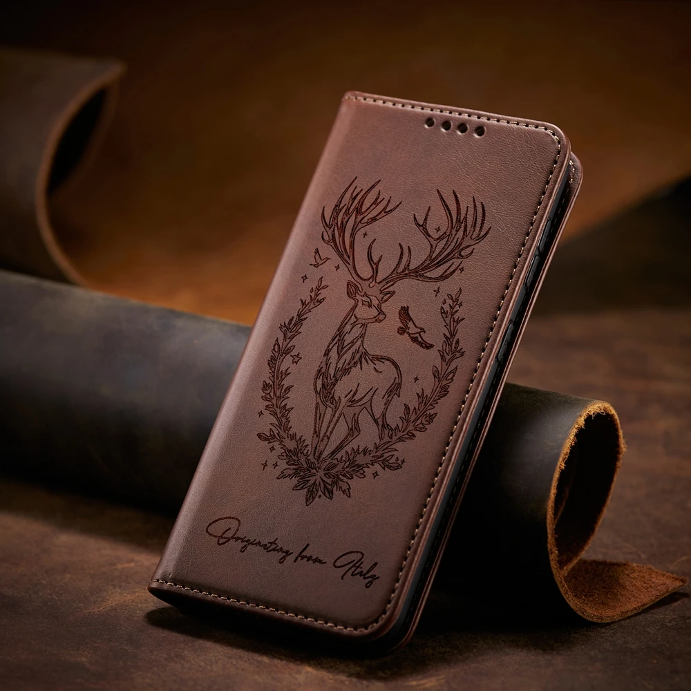 Premium Magnetic Leather Phone Wallet Case with 3D Cartoon Deer Design