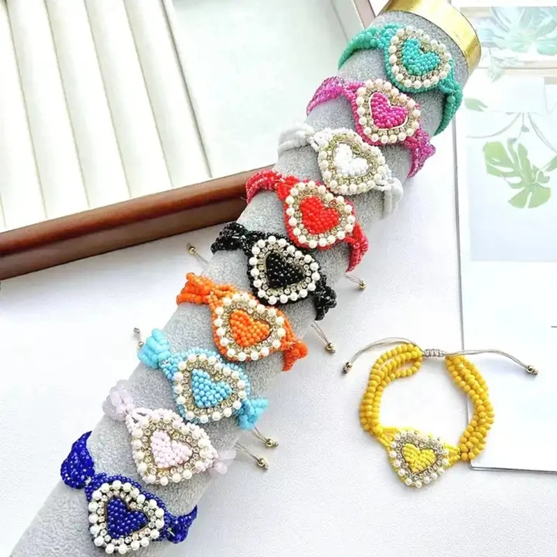 

5 шт., креативный браслет в богемном стиле с сердцем для женщин, регулируемый кристалл, кисточка, модные ювелирные изделия на запястье