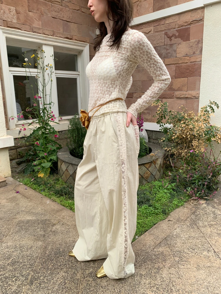 ADAgirl White Striped Wide Leg Pants for Women Lace Patchwork Straight Trousers Elastic Waist Summer Fashion Casual Pantalones