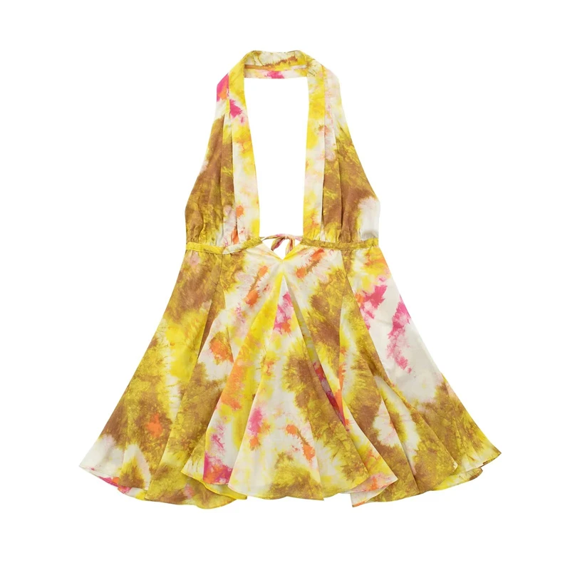 

2023 Summer New Sexy Backless Fashion Print Short Loose Tie Halter Neck Dress