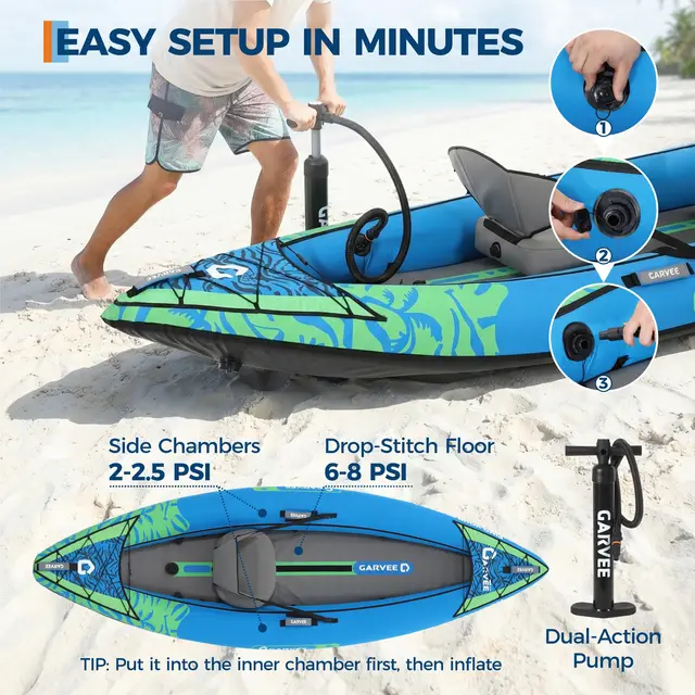 Inflatable 1/2-Person Fishing Kayak for Adults – Durable PVC Collapsible & Portable - with Padded Seats/Removable Fins/Hand Pump/Carry Bag & Repair Kit for Lake River Recreation Touring