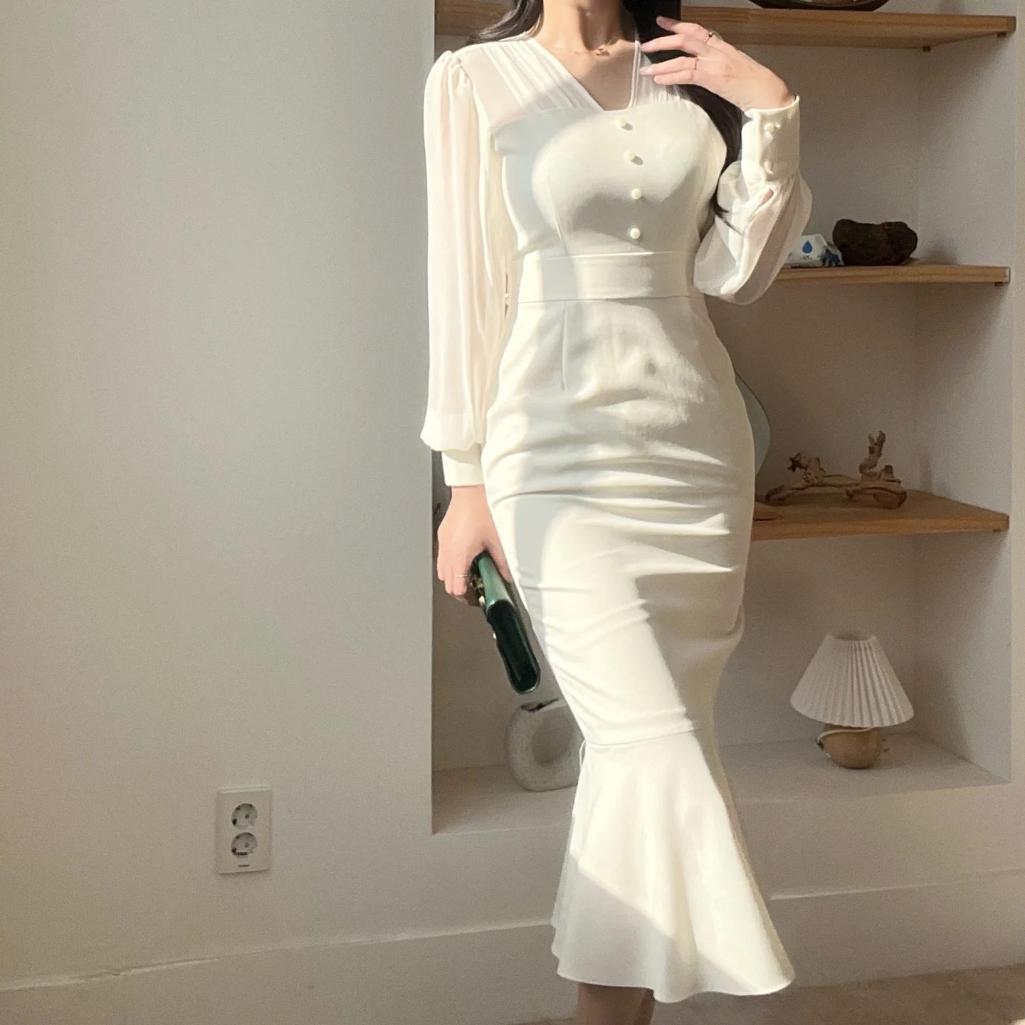 Korean Fashion Bodycon Midi Dresses for Women Mesh Patchwork Long Sleeve Fishtail Office Lady Mermaid Party Dress Slim Mermaid