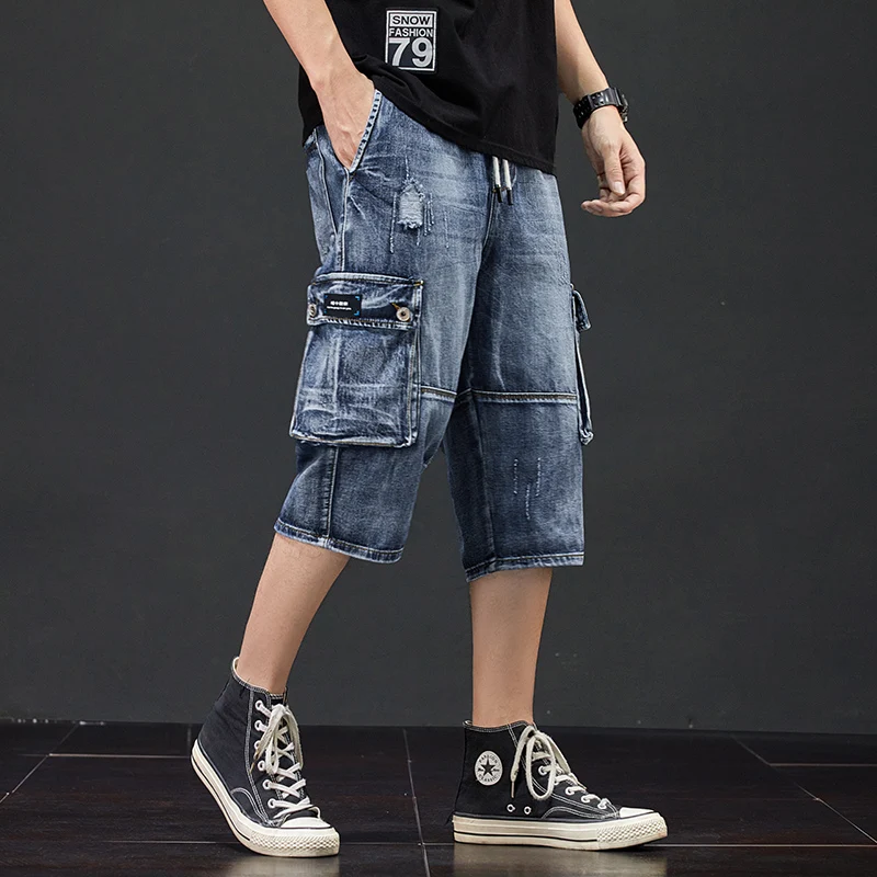 Denim Shorts Jeans 3/4 Men Hole Side 