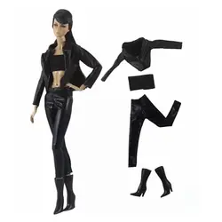 Tenues en cuir noir pour poupée Barbie, ensemble de vêtements, veste, manteau, débardeur, pantalon, bottes, accessoires 11.5, 1/6 