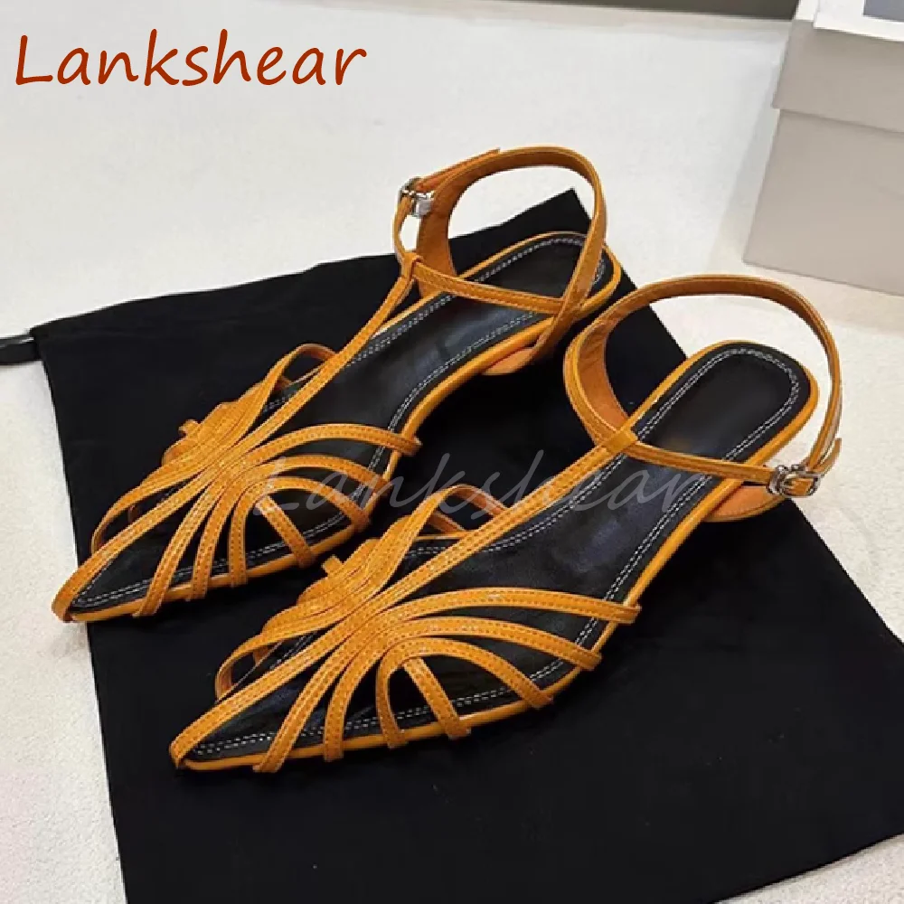 Women Pointed Toe Cross Tied Sandals Solid Fashion Niche Design Summer Slingback Buckle Strap Hollow Shoes