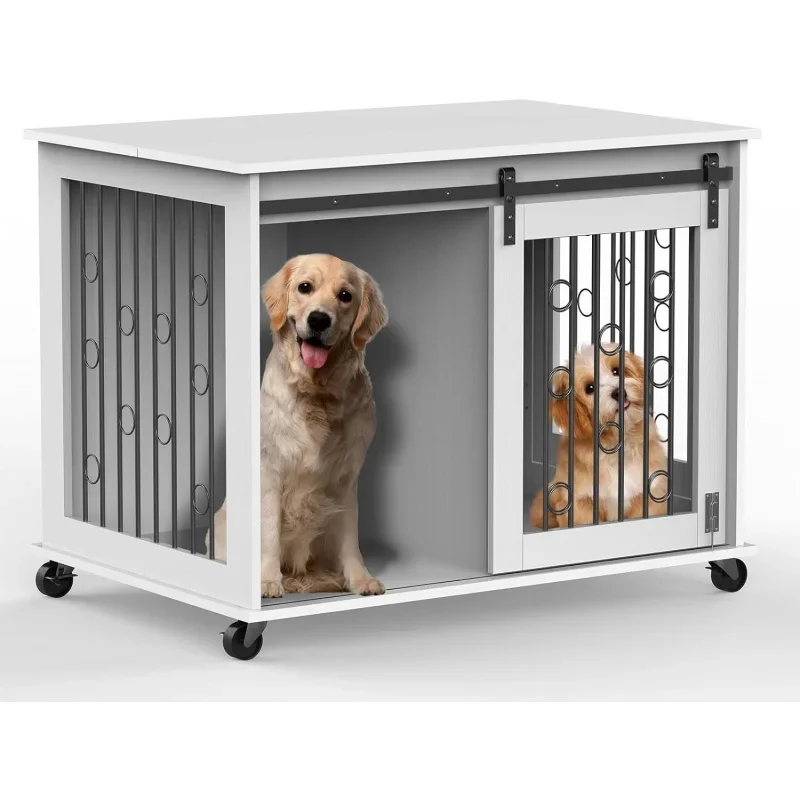 Dog Crate Furniture with Divider for 2 Small to Medium Pets, Wooden Cage End Table, Heavy Duty Indoor Puppy Kennel with Removabl