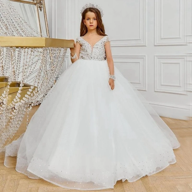 

Flower Girl Dresses White Tulle Puffy Diamond Top Sequin Hem Long Sleeve For Wedding Birthday Party Banquet Princess Gowns