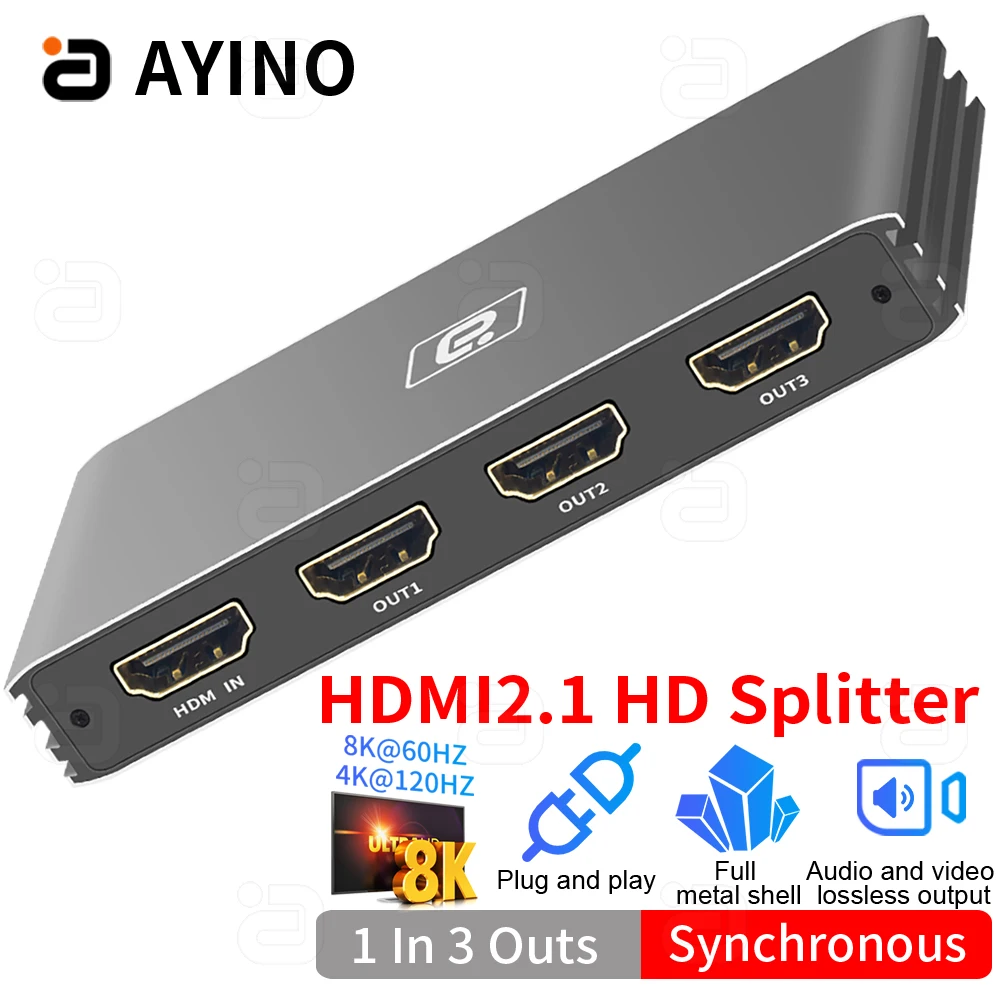 Разветвитель HDMI2.1 1x3 8K @ 60 Гц, 4K @ 120 Гц 48 Гбит/с HDCP2.3 3 в 1 выход для 3-дюймового синхронного дисплея Ultra HD и зеркального режима