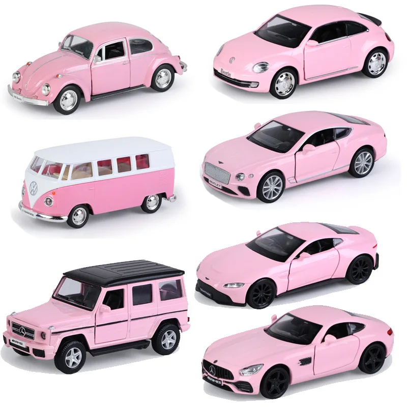 1/36 Pink Car Benz Volkswagen T1 Diecast Alloy Vehicle Beetle Maserati Nissan Model Door Open Pull Back Collection Girl Boy Toy