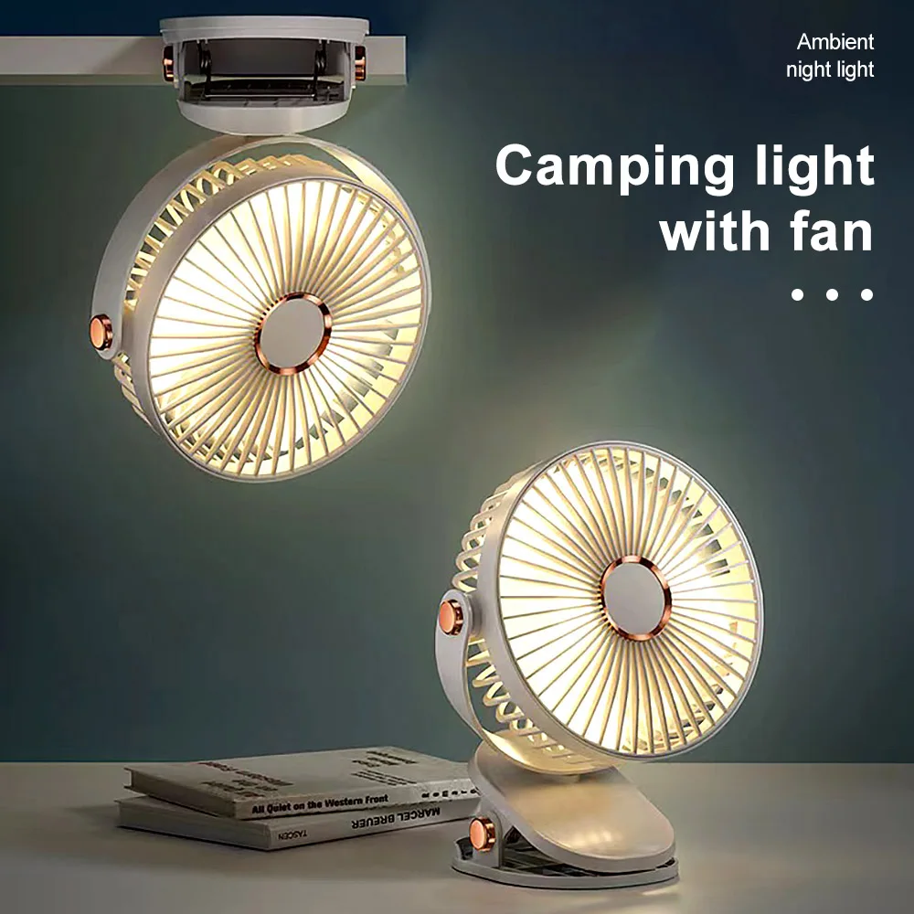 Lampe de camping LED portable avec ventilateur à clip, aste, ventilateur de bureau, silencieux, réglable, 5 vitesses, veilleuse pour chambre, bureau, extérieur