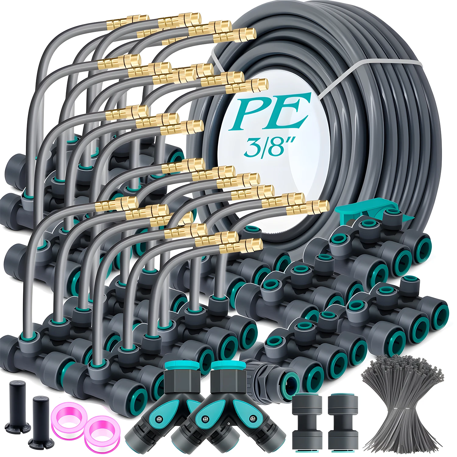 Flexible Brass Adjustable Spray Kit Gray 3/8"PE Hose Quick Connect Fogging Cooling Dedusting Watering System for Garden