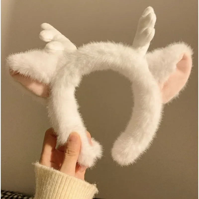 Plush Dragon Horn Headband-Marshmallow Color Cartoon Elf Ears Hair Band for Spa&Costume Party, Stretchy Wide-Band for Women/Kids