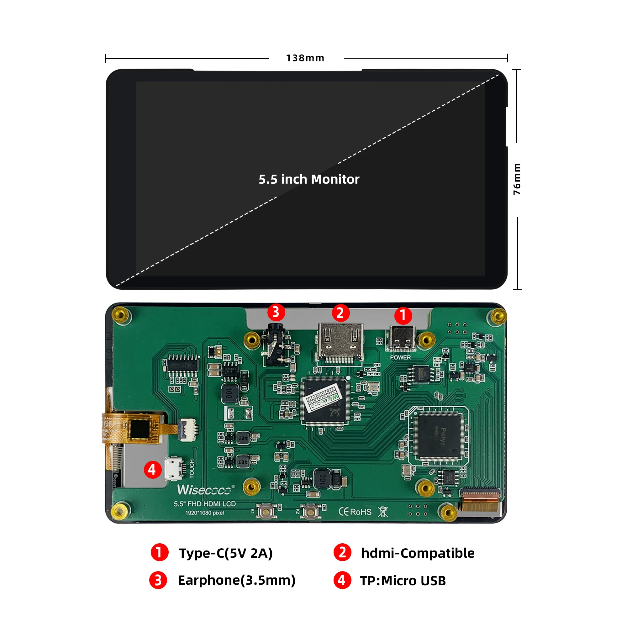 Wisecoco 5.5 ġ FHD ġ ޴ , PC   3, 4, 5, PS4 ġ , 1920x1080 Ʈ C Ÿ ̹ ÷