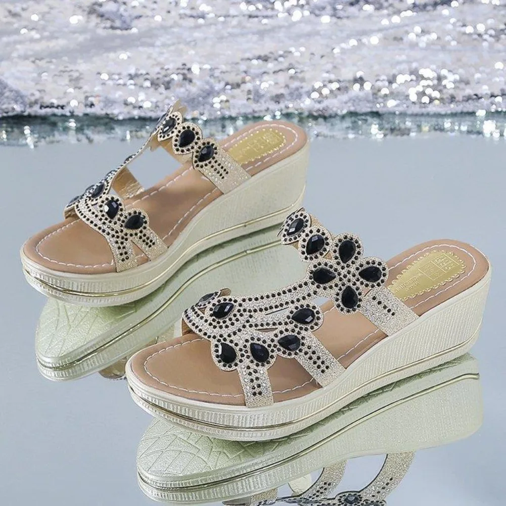 Women Sandals Summer Fashion High Heel Sandals Crystal Casual Shoes High Heels Rhinestone Thick-soled Wedge Slippers
