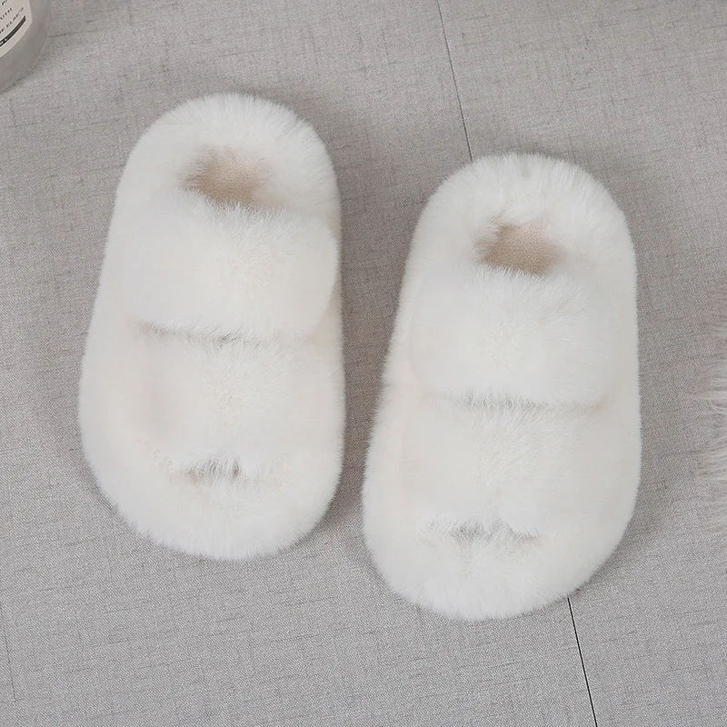 Girls Winter Fur Slippers Classic Plush Non Slip Open Toe Kids Shoes