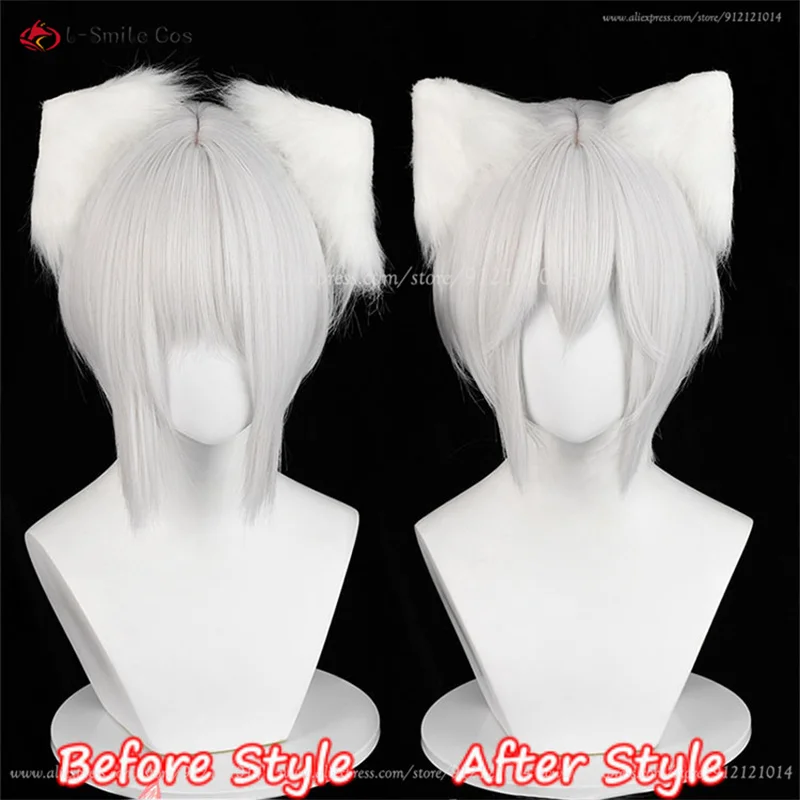 Tomoe Cosplay Perücke Silberweiß Unisex Anime Wig Hitzebeständig mit Ohren 4