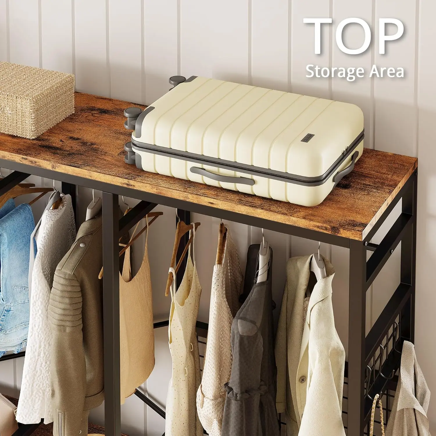 Garment Racks with Shelves 4 Drawers and 8 Hooks Heavy Duty Closet Organizer for Hanging Clothes,Freestanding Closet Wardrobe