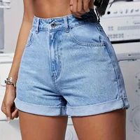Summer 2025 High Waist Straight Leg High Waist Denim Shorts Women's Cross-Border Fashion Short Pants Washed Decoration
