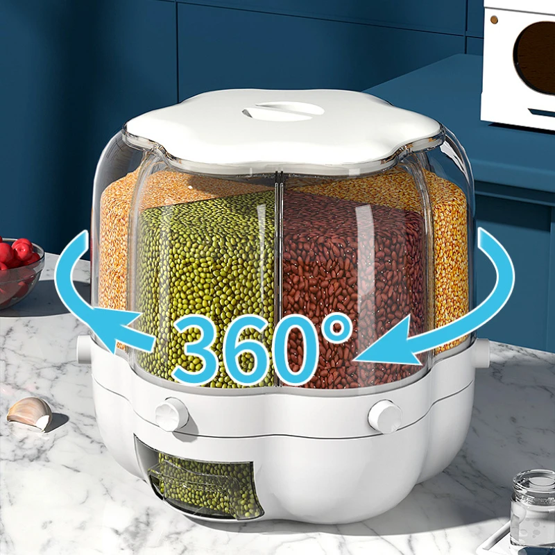 360° Rotating Food Storage Containers Rice Sealed Cereal Dispenser Rice Tank Grain Box Kitchen