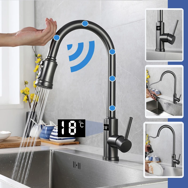 Smart Touch Kitchen Faucet with Sensor Smart Water Taps Gun Gray Luxury