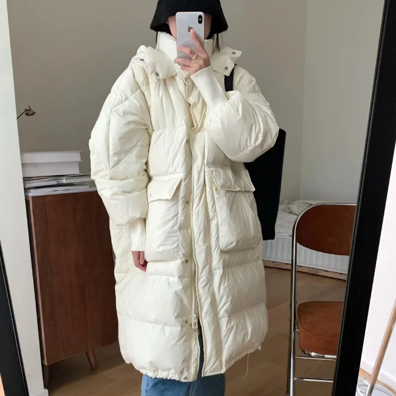 2023 New Women Down Jacket Winter Coat Female Long Parkas Loose Versatile Overknee Outwear Thick Solid Color Hooded Overcoat