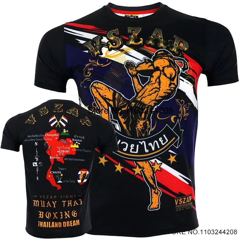 Muay Thai Shirt Vszap MMA T Shirt Men Women Teenagers Fast Dry Breathable BJJ Rash Guard Cage Fight Kickboxing Boxing Tee Tops