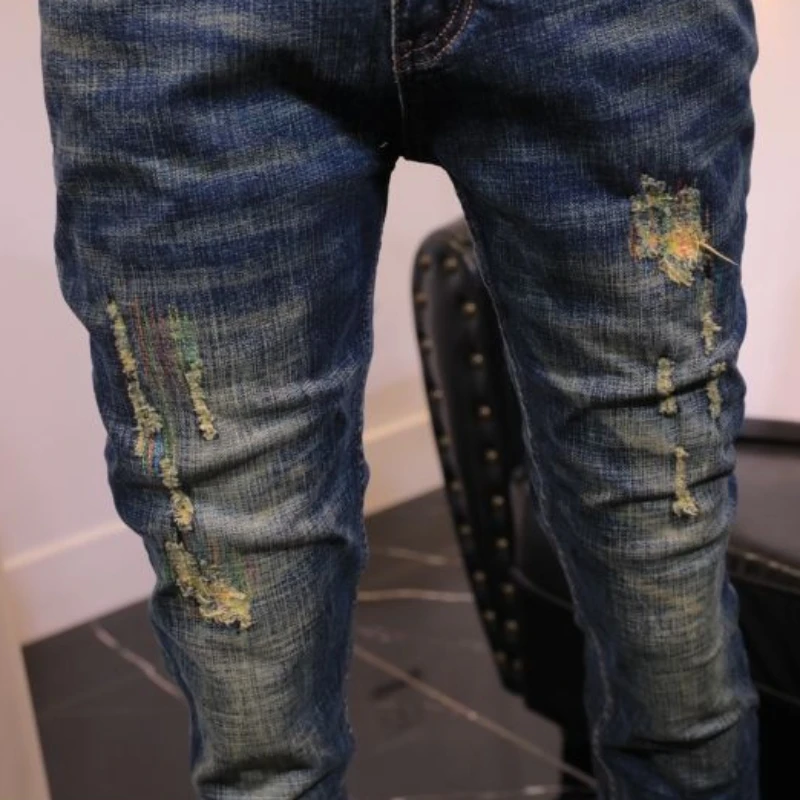 Ripped Jeans Trousers Torn Stretch Holes Male Cowboy Slim Fit Tight Pipe Broken Elastic Skinny Summer Denim