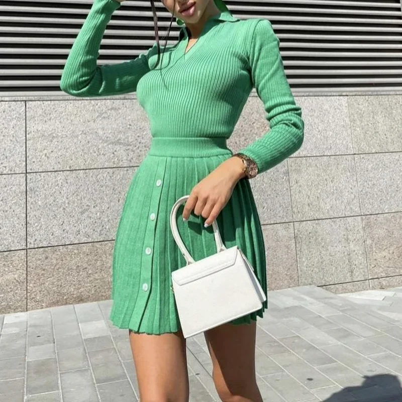

2023 Suit Ladies Long-sleeved Tight-fitting Shirt Sexy Single-breasted Top and High-waist Knitted Pleated Skirt Two-piece Suit