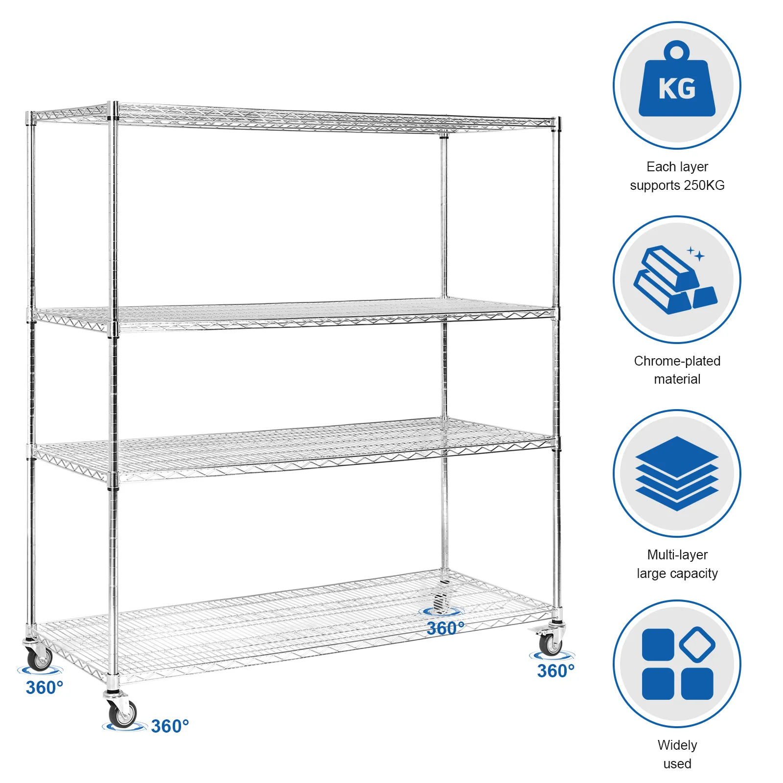 5-Tier 70.87x59.76x23.98in Rolling Storage Shelf Each Layer Support 250KG Industrial Utility Shelf for Office Basement Warehouse