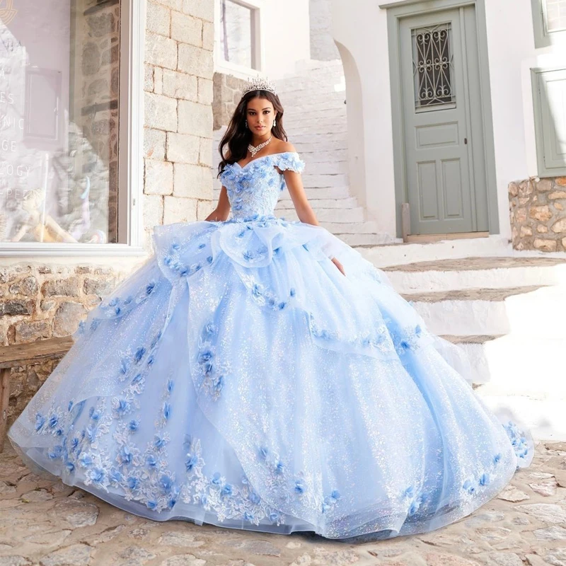 

Light Sky Blue Ball Gown Quinceanera Dresses 3D Flower Appliques Beaded Vestido De 15 Anos Sweet 16 Princess Birthday Dress