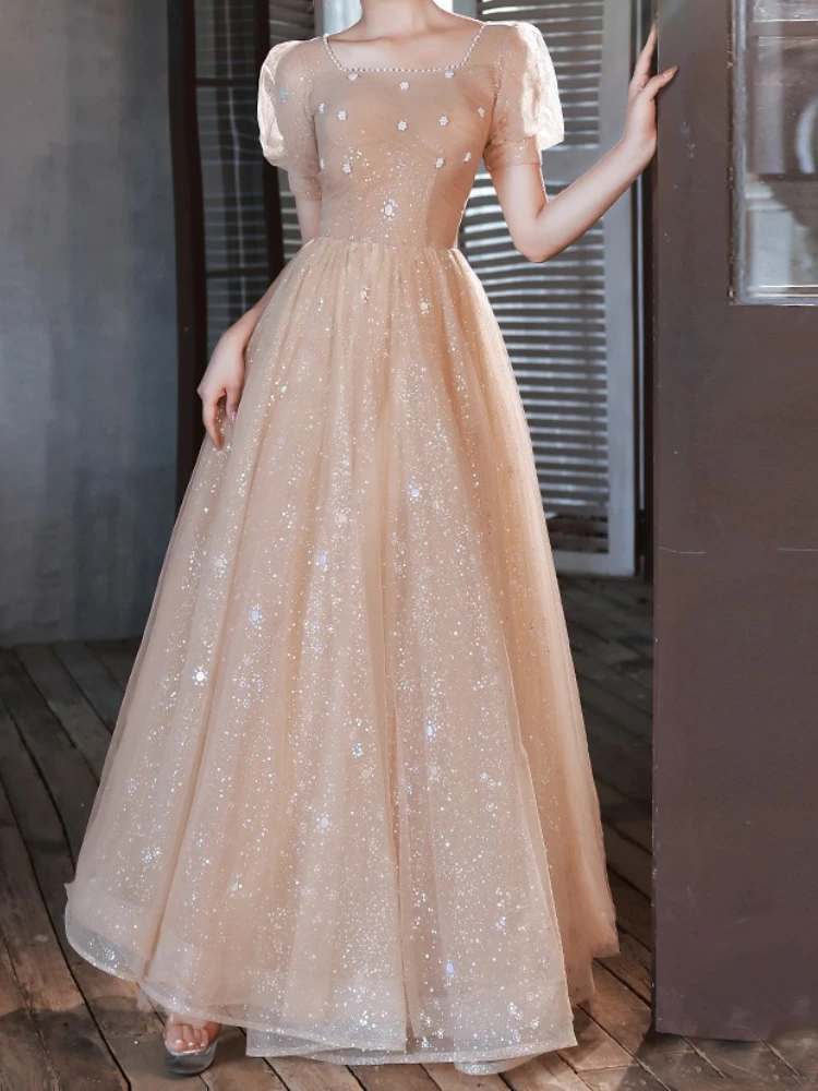 

French Square Collar Pearl Beading Design Puff Sleeve Slim Prom Dresses Front Flower Appliques Vestidos Long Sequin Prinr Gown