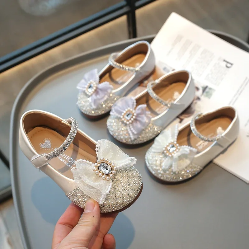 Kids Leather Shoe Spring Autumn Versatile Girl Princess Shoes Fashion Sweet Bowtie Children Causal Rhinestone Dance Flat Shoes