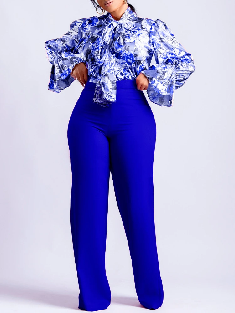 Women Two Pieces Set Printed Blouse Long Sleeves High Waist Pants Trousers  Elegant Office Ladies Work Wear Suit 2 Pieces African