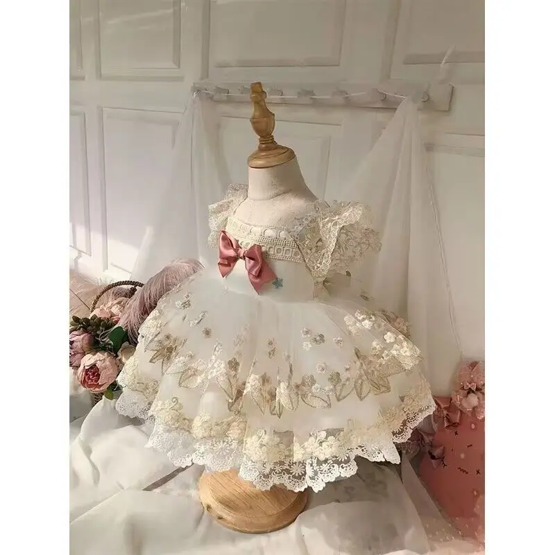 Birthday Party Lolita Dress Girls Kids Summer Lace Champagne Short Sleeve Dress Cute Princess Doll Teen For Girls