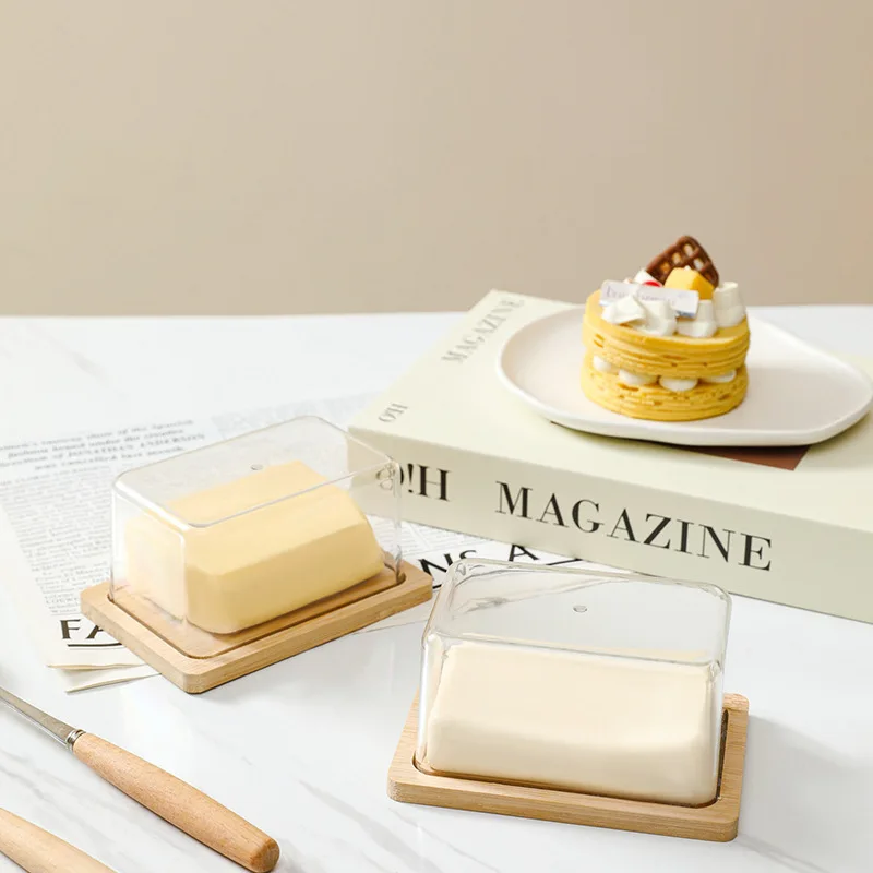 Butter Dish Nordic Countertop Bamboo Butter Dish Plate with Transparent Acrylic Lid Kitchen Storage Butter Container Box Tableware