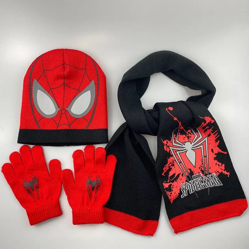 Disney Spiderman Kids Hat Scarf Gloves Three-piece Set Boys Lovely Knitted Woollen Hats Baby Wool Hat Scarf Kawaii Thick Hats kids hat set