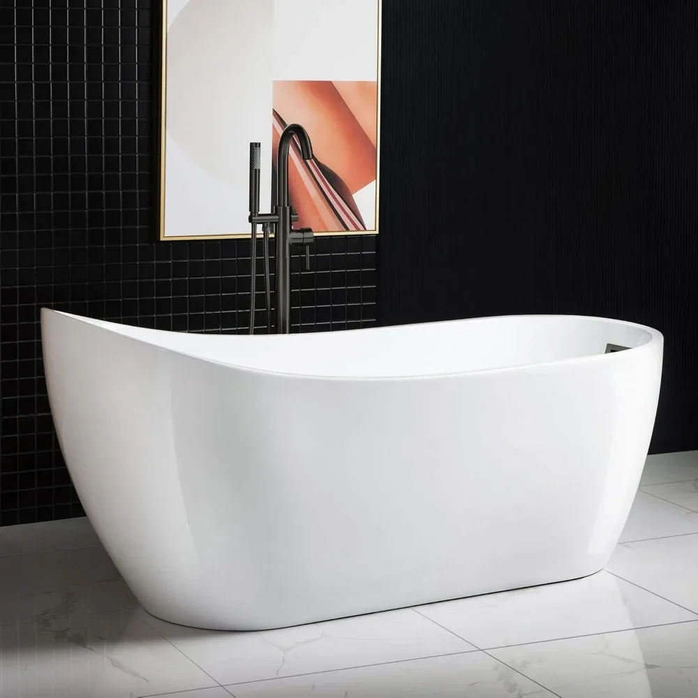 67" Freestanding Bathtub with Matte Black Overflow and Drain，Bottom with Stainless Steel Bracket Makes，Contemporary Soaking Tub 5