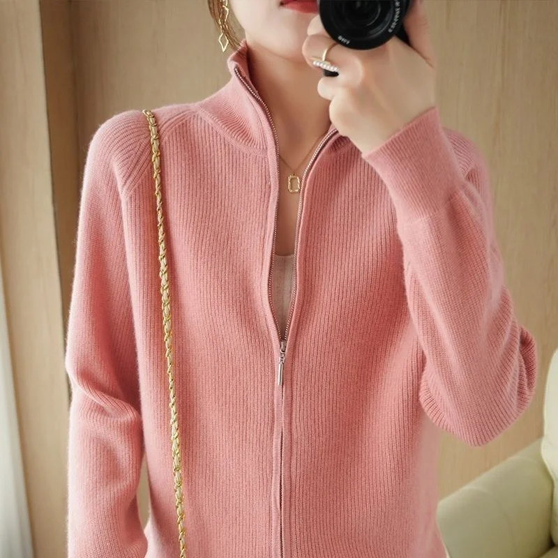 Spring New Knitted Sweater Cardigan Women's Standing High Neck Loose Slimming Knitted Sweater Zipper Solid Color Jacket Autumn