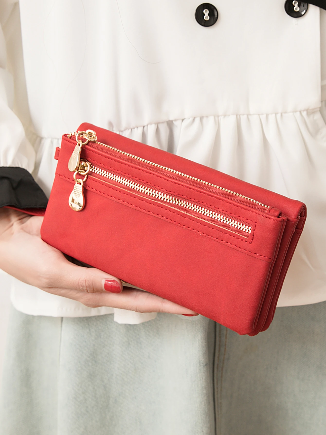Retro-Mode Damen-Langbörse mit Großer Kapazität, Doppelfaltbar, Mehrere Kartenfächer, Multifunktionale Handtasche mit Doppelreißverschluss – Detail 10